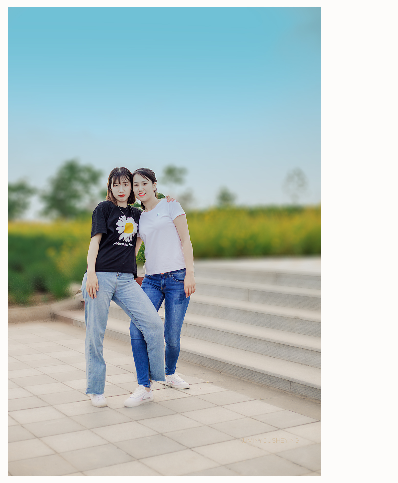 在友谊之花盛开时,一起坐在友谊树下手牵手,肩搭肩互相倾诉对方的