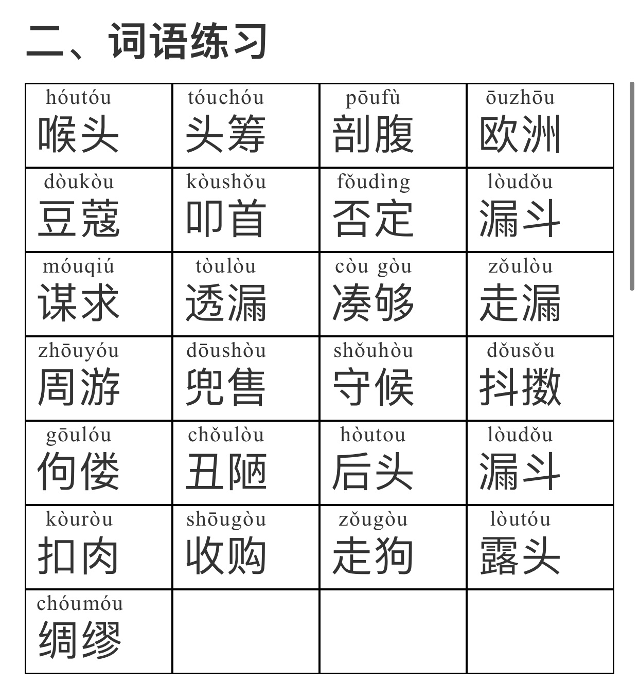 kòu shǒu 否定fǒu dìng 漏斗lòu dǒu 谋求móu qiú 透漏tòu